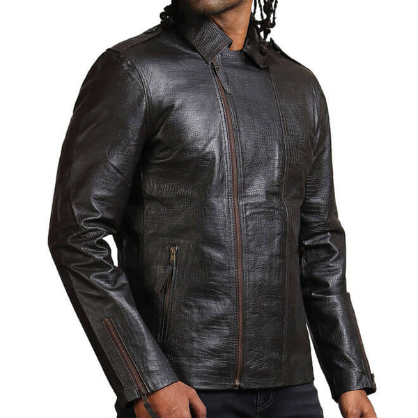 Men's Biker Textured Black Leather Jacket