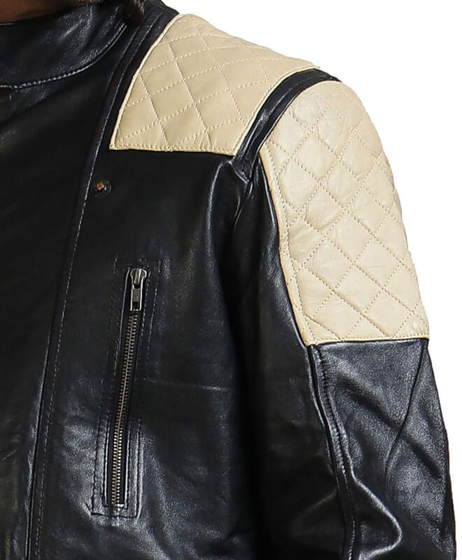 Men's White Quilted Black Leather Jacket