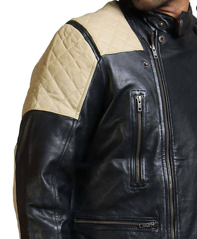 Men's White Quilted Black Leather Jacket
