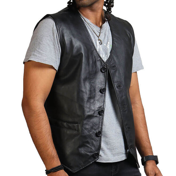 Skull Print Black Leather Vest