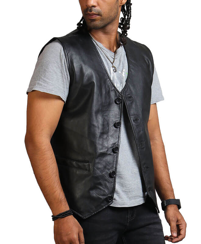 Skull Print Black Leather Vest