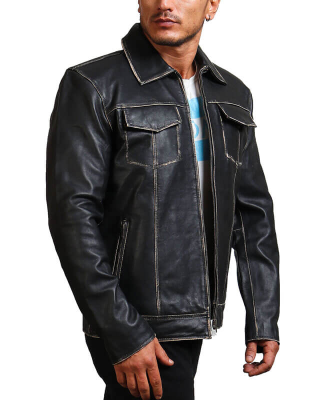 Black Trucker Leather Jacket for Men