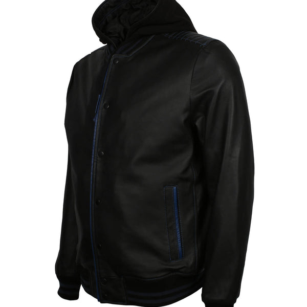 Black and Blue Bomber Jacket with Hood