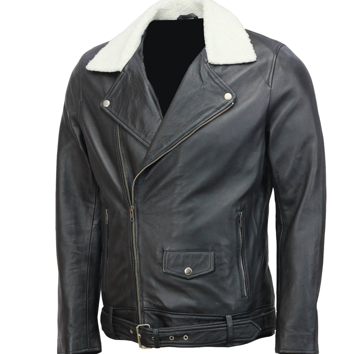 Black Motorcycle Leather Jacket with Fur Collar
