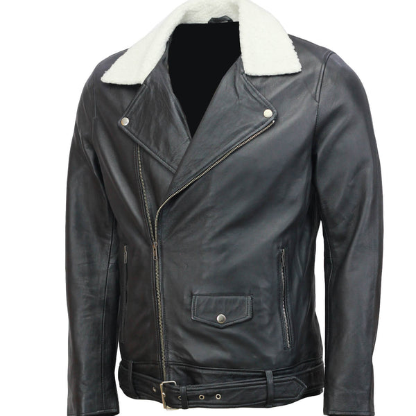 Black Motorcycle Leather Jacket with Fur Collar