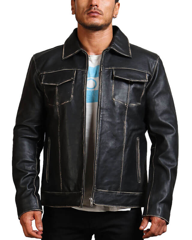 Black Trucker Leather Jacket for Men