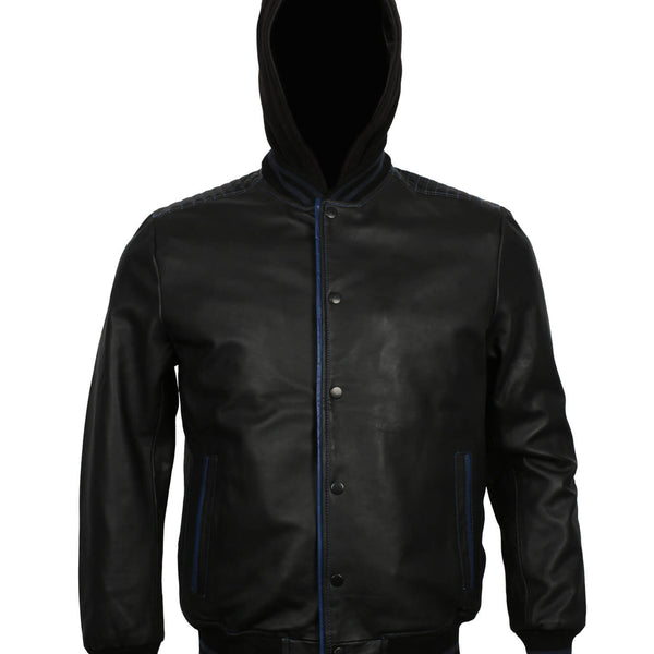 Black and Blue Bomber Jacket with Hood