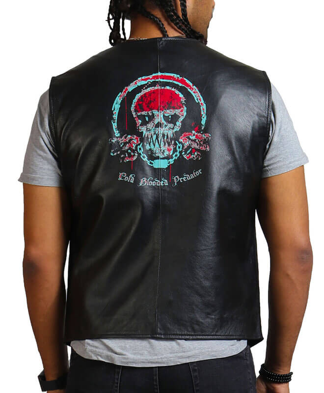 Skull Print Black Leather Vest