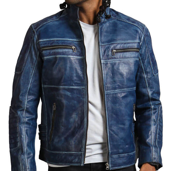 Men's Biker Blue Leather Jacket