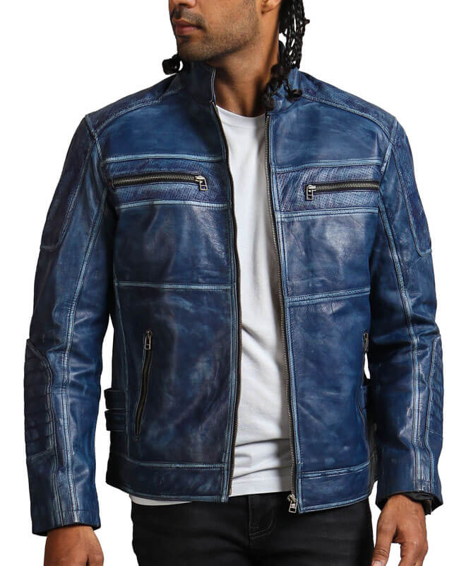 Men's Biker Blue Leather Jacket