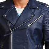 Blue Motorcycle Genuine Leather Jacket