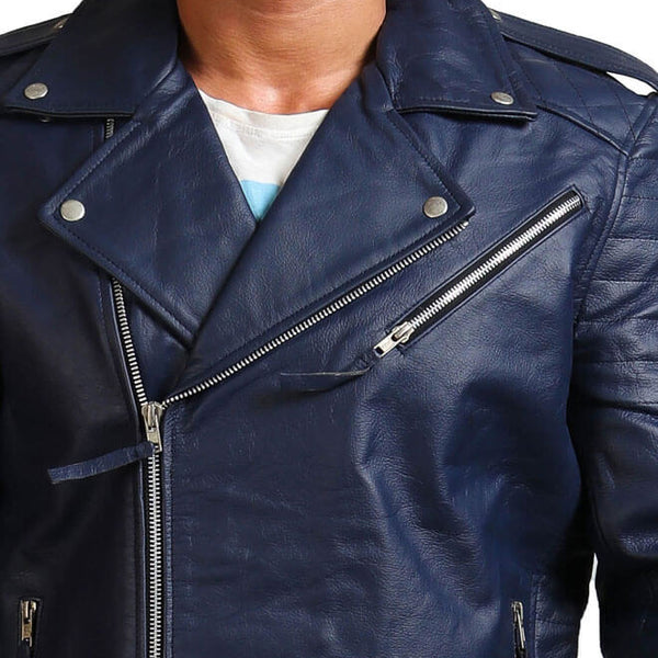 Blue Motorcycle Genuine Leather Jacket