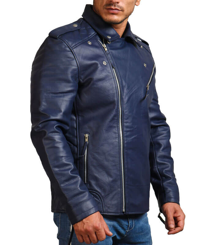 Blue Motorcycle Genuine Leather Jacket
