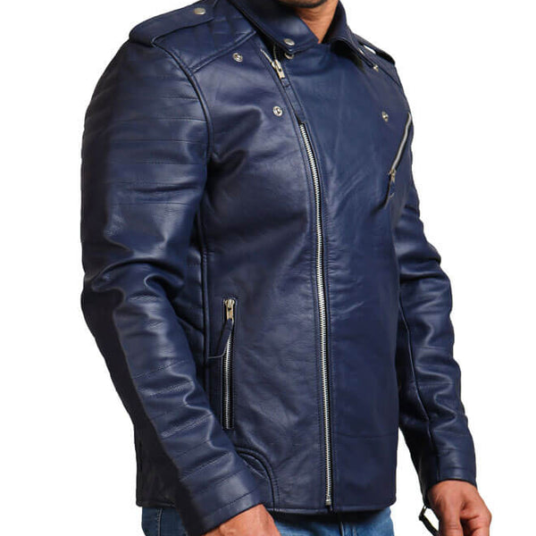 Blue Motorcycle Genuine Leather Jacket