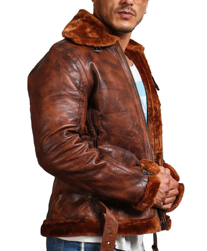 Brown Bomber Leather Jacket with Fur lining