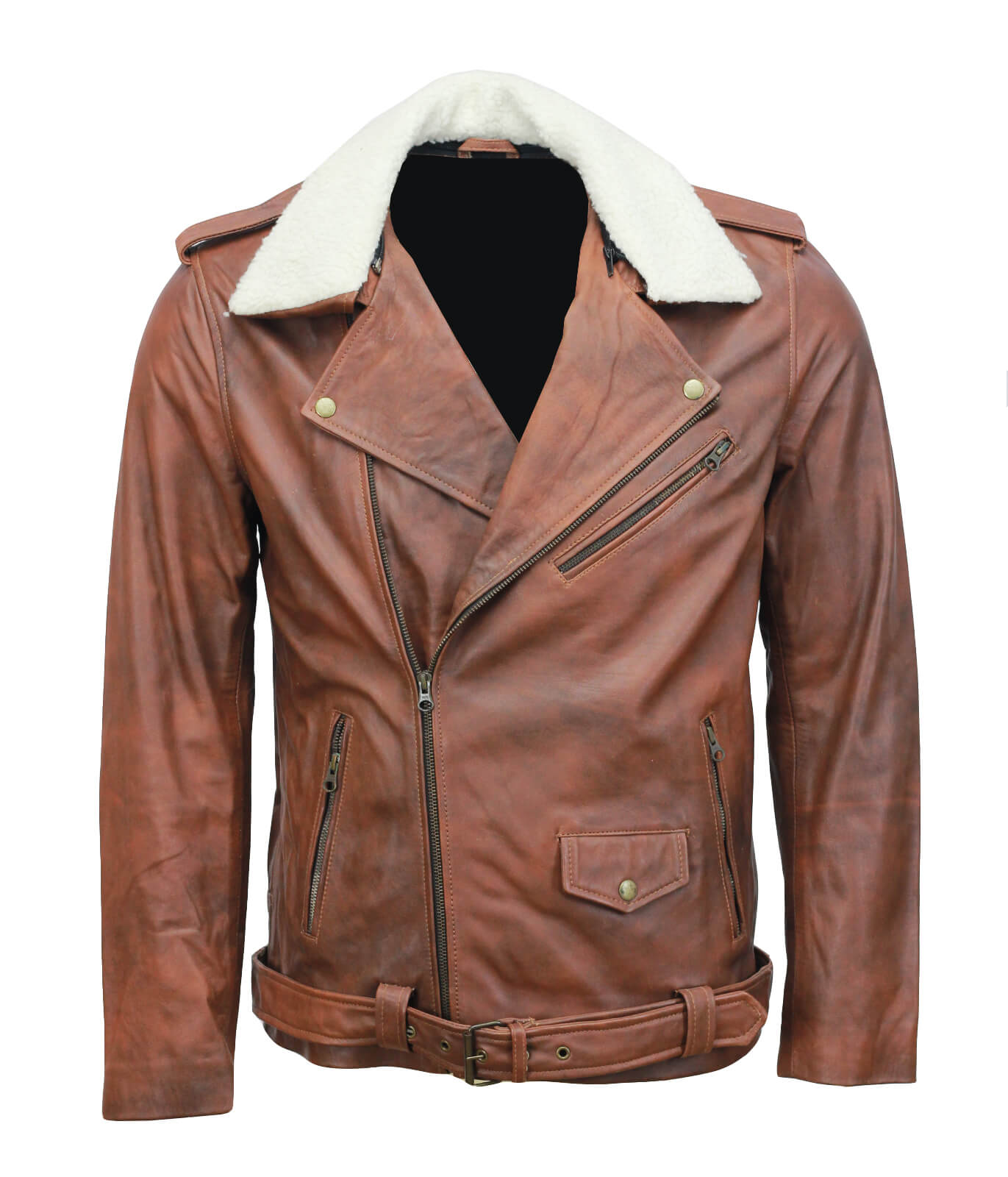 Vintage Brown Motorcycle Leather Jacket with Fur Collar