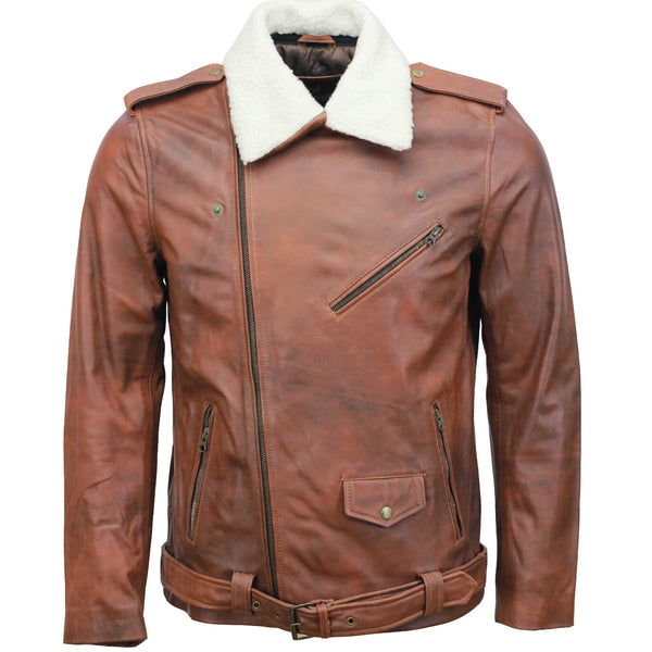 Vintage Brown Motorcycle Leather Jacket with Fur Collar