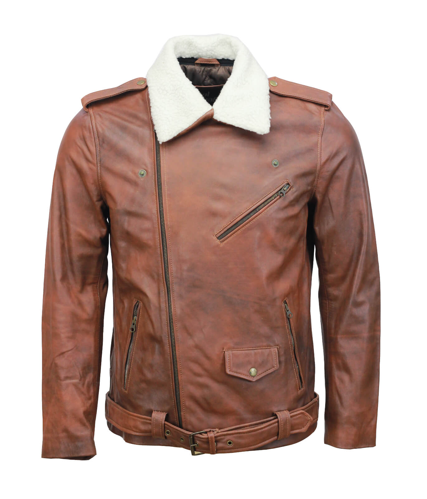 Vintage Brown Motorcycle Leather Jacket with Fur Collar