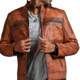 Men’s Brown Perforated Leather Biker Jacket
