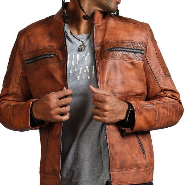 Men’s Brown Perforated Leather Biker Jacket