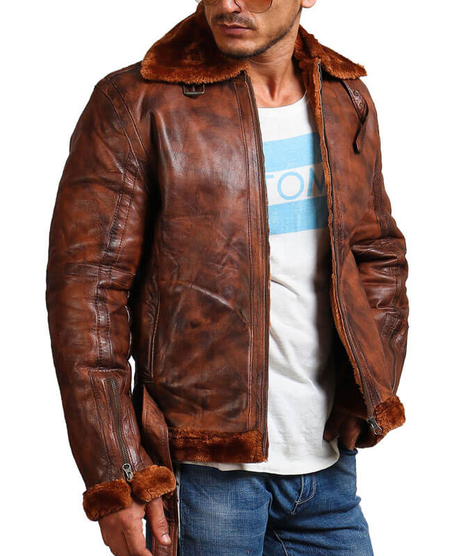 Brown Bomber Leather Jacket with Fur lining