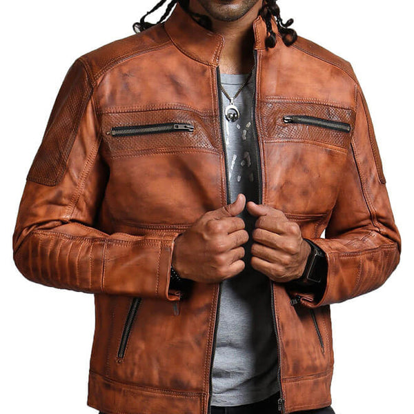 Men’s Brown Perforated Leather Biker Jacket