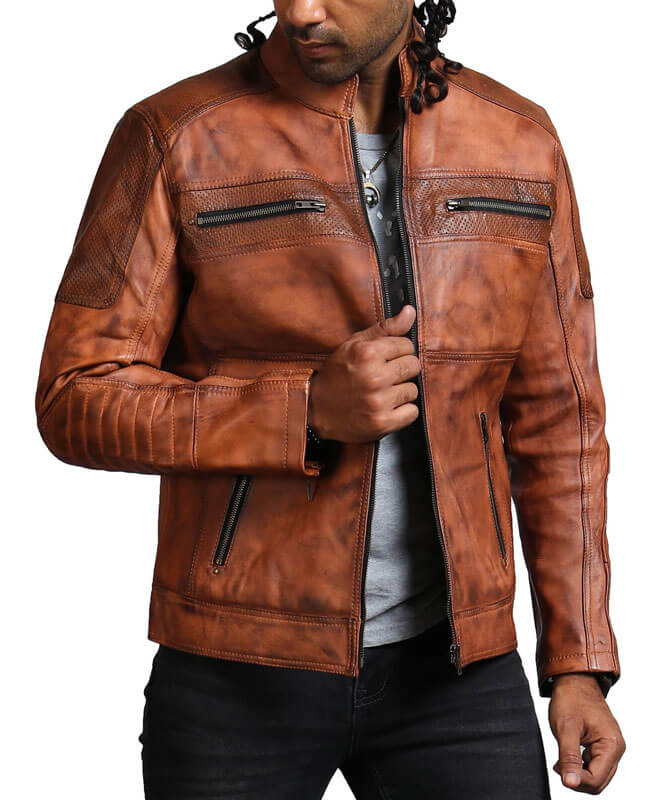Men’s Brown Perforated Leather Biker Jacket