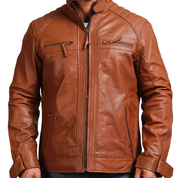 Brown Quilted Shoulders Leather Jacket