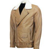 Camel Motorcycle Leather Jacket with Fur Collar
