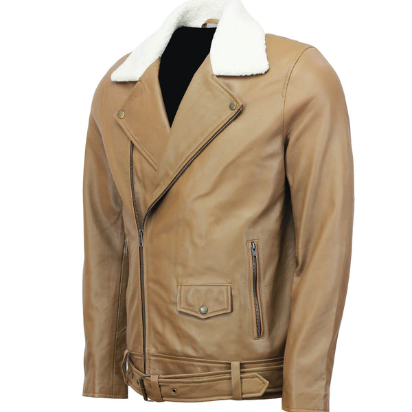 Camel Motorcycle Leather Jacket with Fur Collar