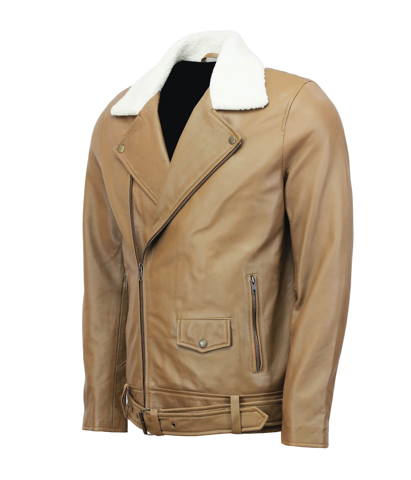 Camel Motorcycle Leather Jacket with Fur Collar