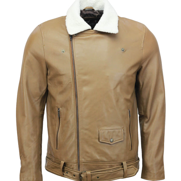 Camel Motorcycle Leather Jacket with Fur Collar