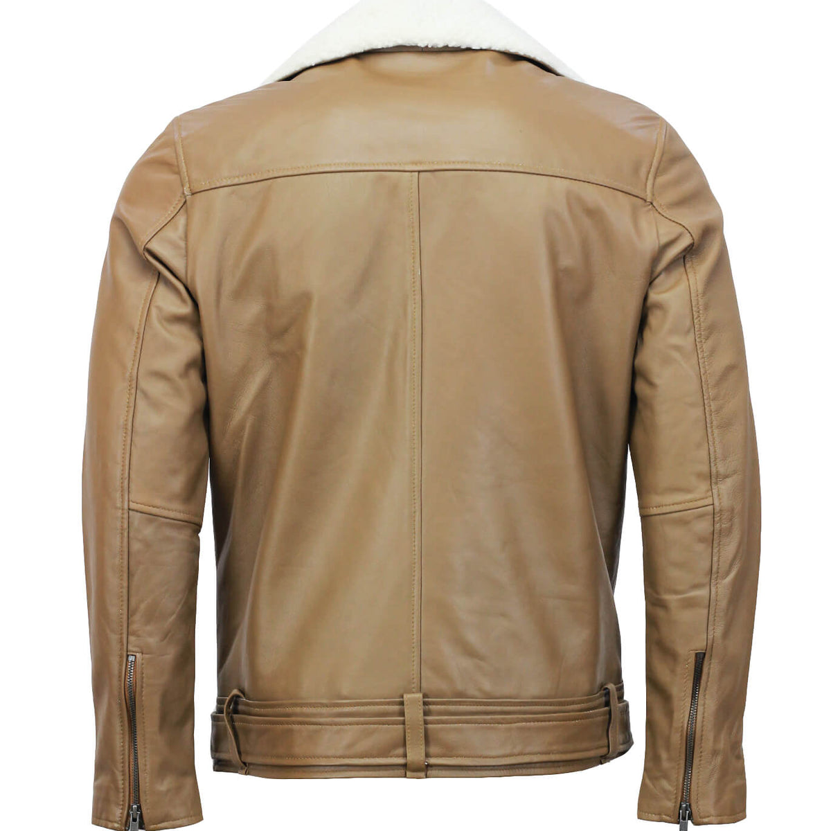Camel Motorcycle Leather Jacket with Fur Collar