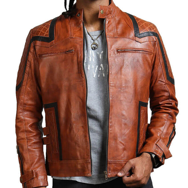 Vintage Black Stripes Brown Biker Jacket
