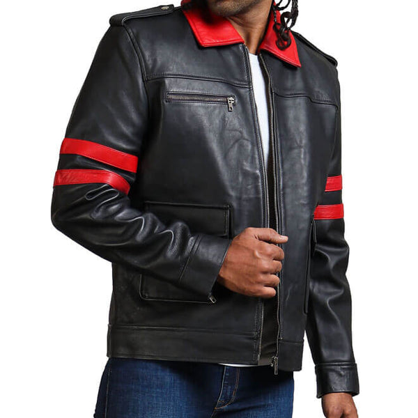 Red Collar Black Leather Jacket