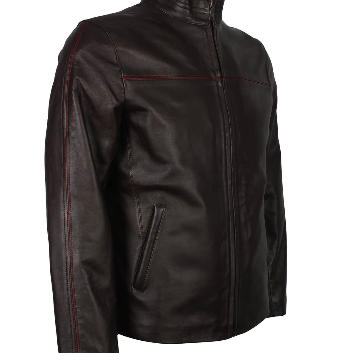 Dark Brown Leather Jacket with Red Stripe
