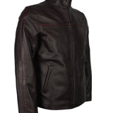 Dark Brown Leather Jacket with Red Stripe