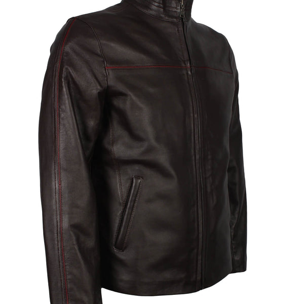Dark Brown Leather Jacket with Red Stripe