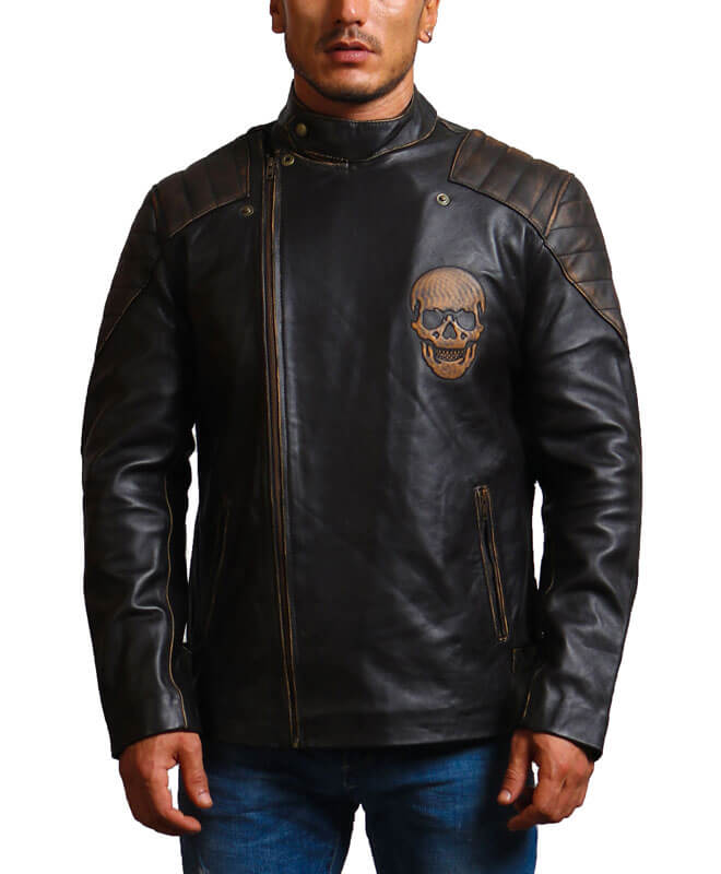 Embossed Skull Biker Leather Jacket