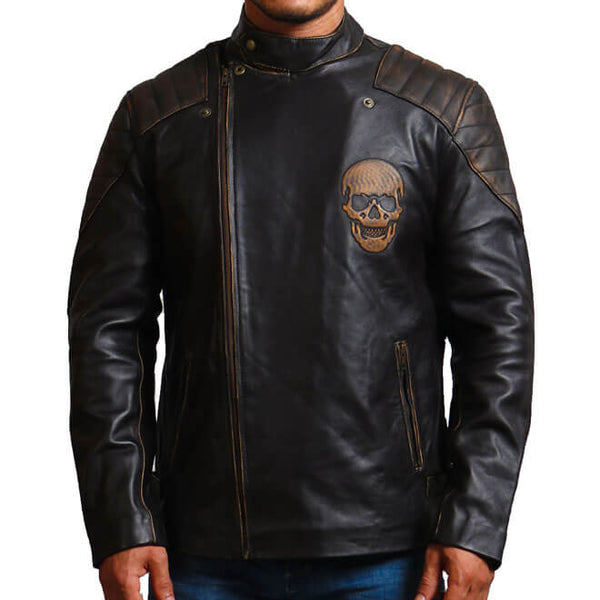 Embossed Skull Biker Leather Jacket