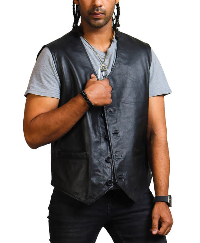 Skull Print Black Leather Vest