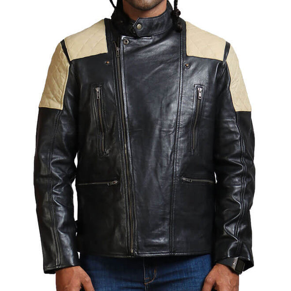 Men's White Quilted Black Leather Jacket