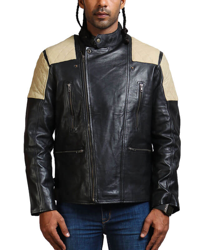 Men's White Quilted Black Leather Jacket
