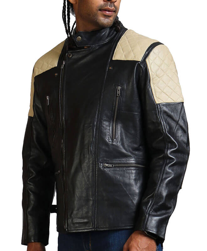 Men's White Quilted Black Leather Jacket