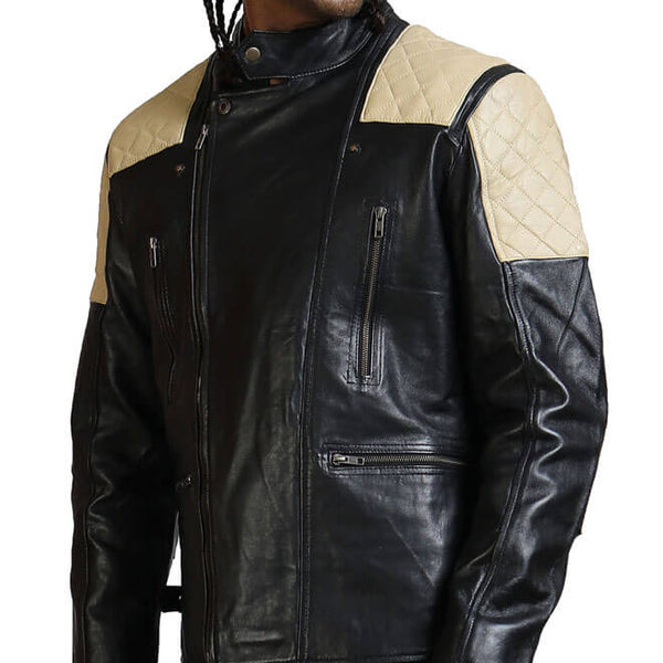 Men's White Quilted Black Leather Jacket