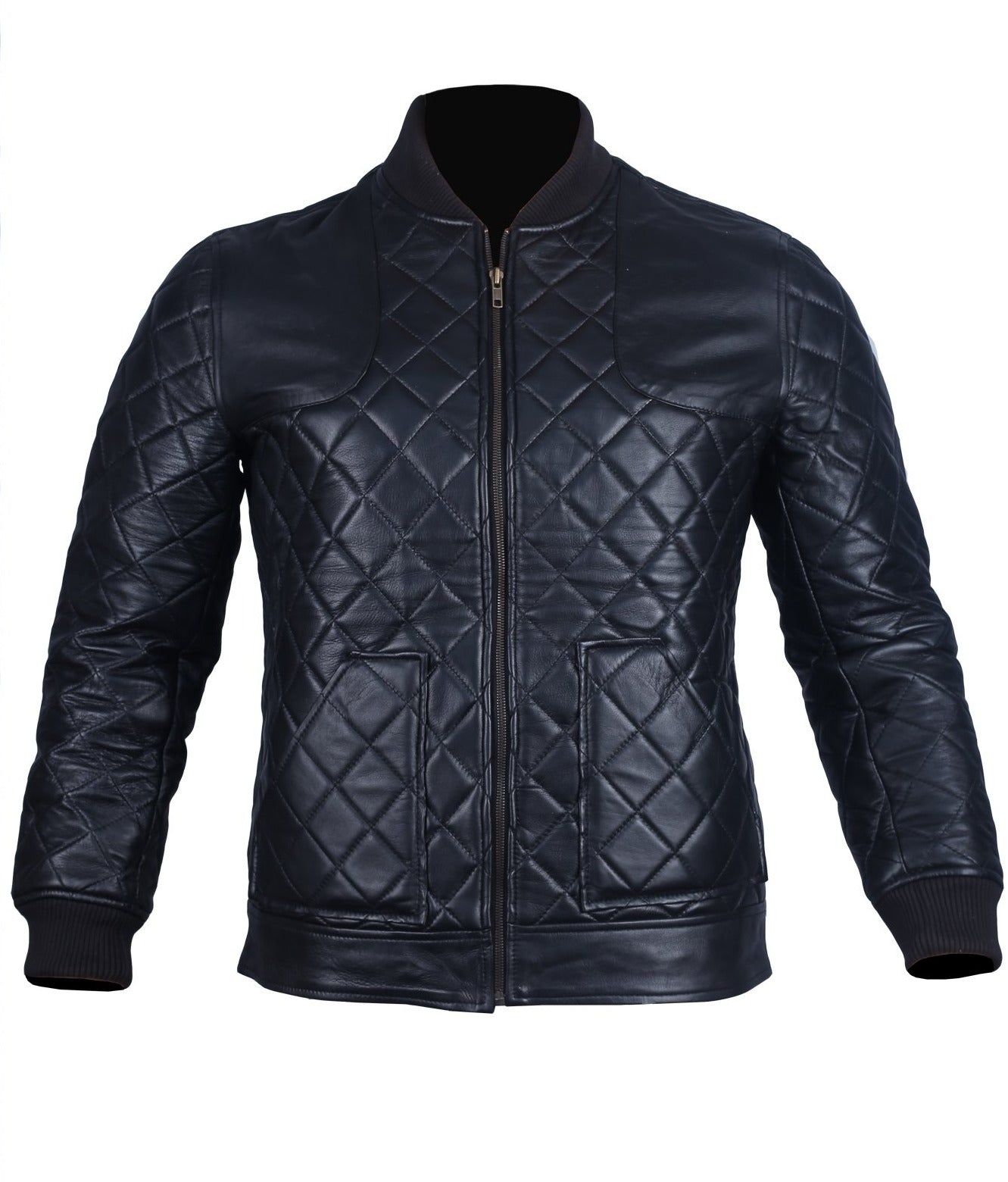Men's Leather Bomber Jacket Black Diamond Quilted