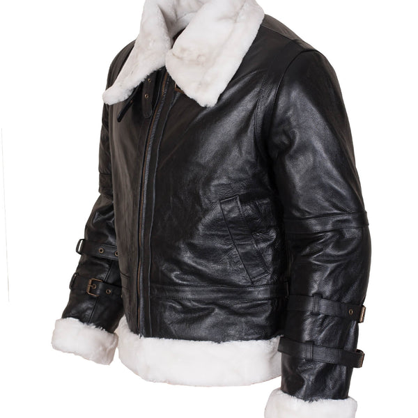 Men’s Shearling Black B3 Bomber Jacket with Hood