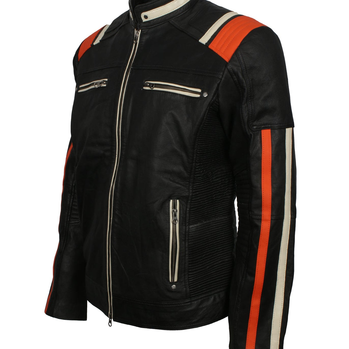 Black Retro Men's Biker Leather Jacket with Stripes