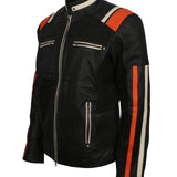 Black Retro Men's Biker Leather Jacket with Stripes