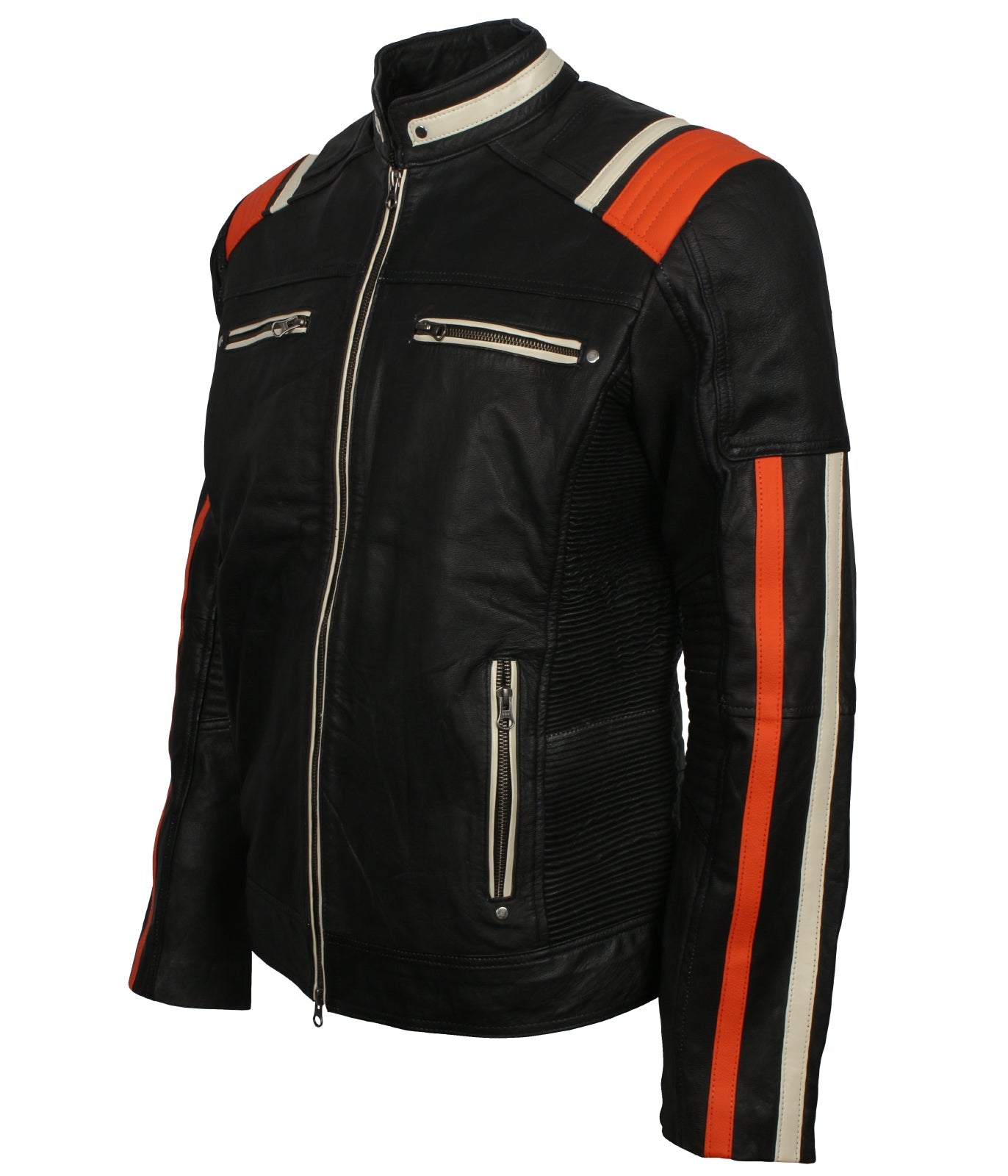 Black Retro Men's Biker Leather Jacket with Stripes